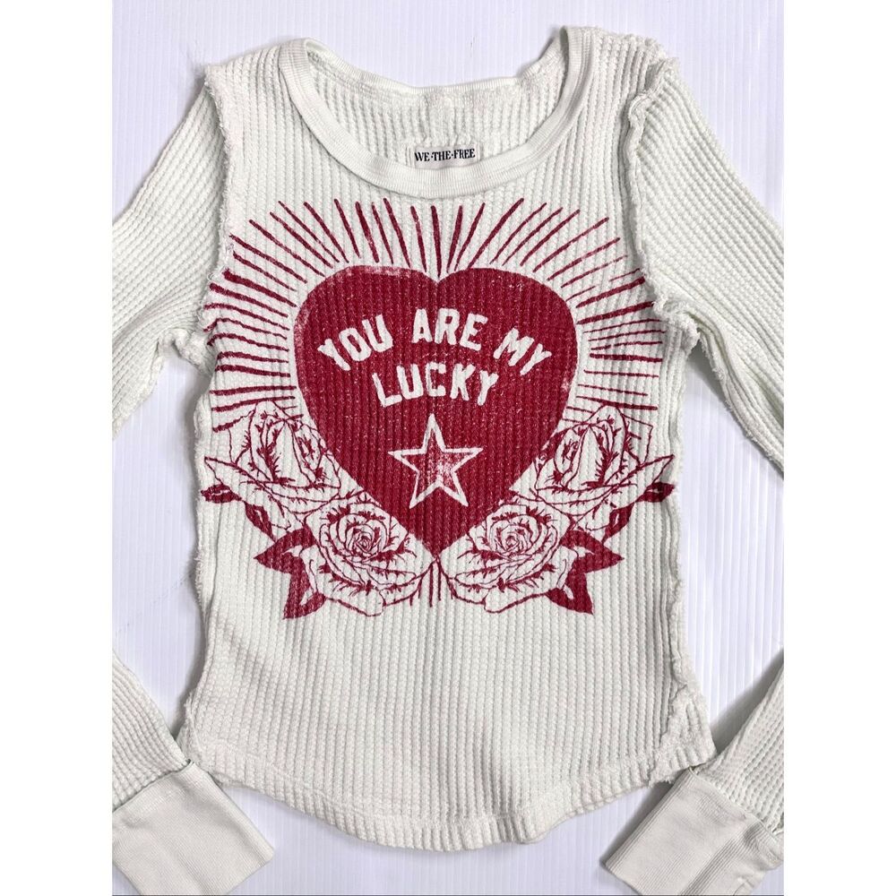 Free People Lucky Locket Thermal Tee Ivory Heart Graphic Thumbhole Small - Picture 8 of 16